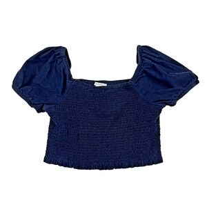 American Eagle Navy  Corduroy Puff Sleeve Smocked Top SZ Med‎ Cottagecore Preppy